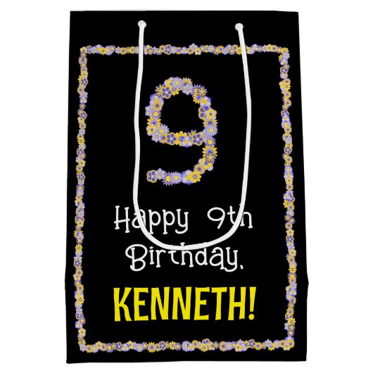 9誕生日:フローラ花数名前をカスタムする ミディアムペーパーバッグ (裏面)