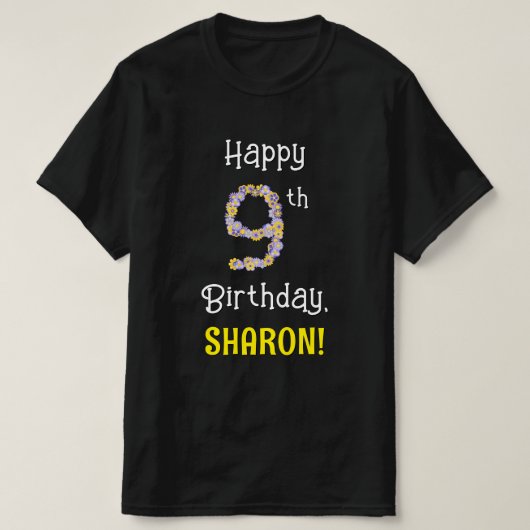 9誕生日:フローラ花数"9" +名前 Tシャツ (デザイン正面)