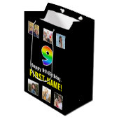 9誕生日:レインボー「9」、写真カスタムと名前 ミディアムペーパーバッグ (正面アングル)