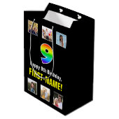 9誕生日:レインボー「9」、写真カスタムと名前 ミディアムペーパーバッグ (裏面アングル)