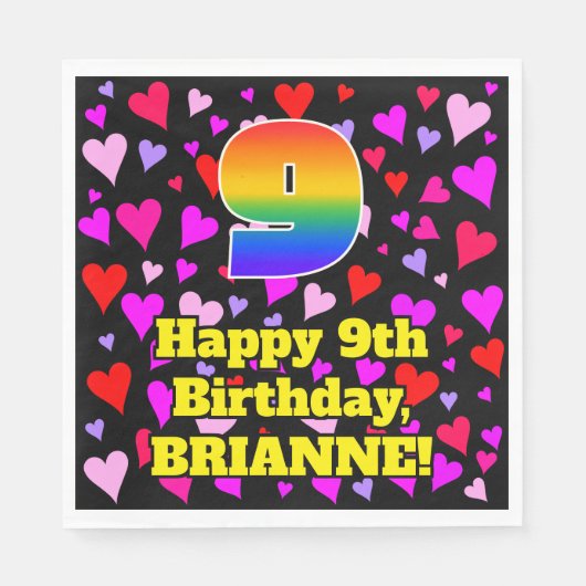 9誕生日:愛するハートパターン、虹# 9 スタンダードランチョンナプキン (正面)