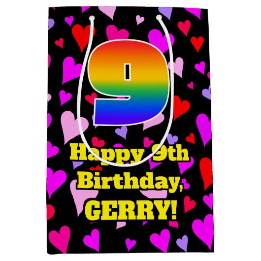 9誕生日:愛するハートパターン、虹# 9 ミディアムペーパーバッグ (正面)