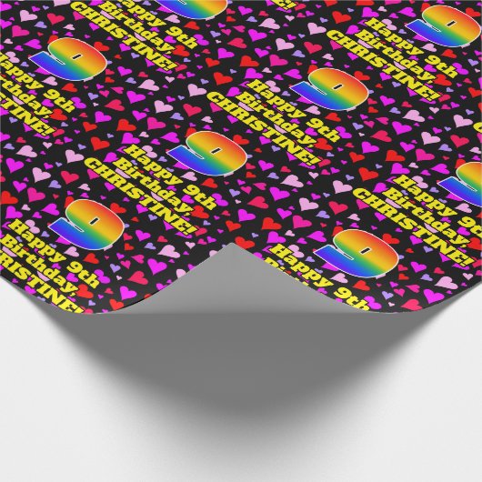 9誕生日:愛するハートパターン、虹# 9 ラッピングペーパー (角)