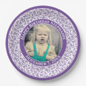 90あなたの写真の乱数パターン紫/白 ペーパープレート (正面)