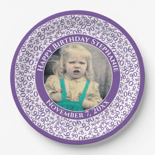 90あなたの写真の乱数パターン紫/白 ペーパープレート (正面)