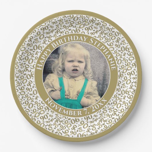 90あなたの写真の乱数パターン金ゴールド/白 ペーパープレート (正面)