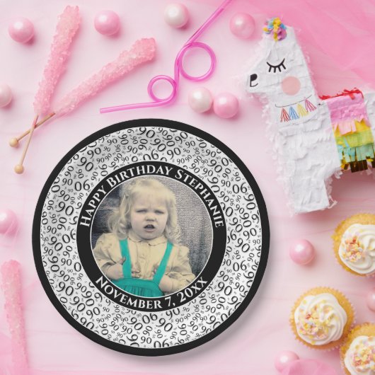 90あなたの写真の乱数パターン黒/白 ペーパープレート (パーティー)