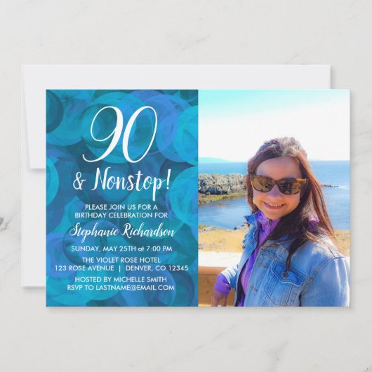90および非ストップ海ブルーフォト誕生日 招待状 (正面)