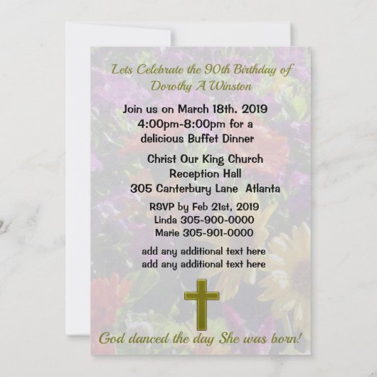 90かわいらし番目の誕生日金ゴールドフローラ招待状 招待状 (裏面)