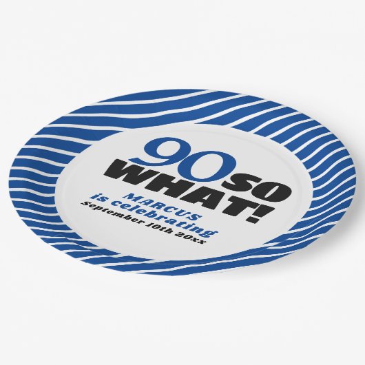 90だから前向き何ブルーストライプ誕生日90 ペーパープレート (アングル)
