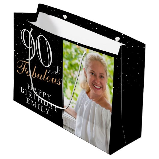 90と素晴らしいエレガントブラック90th誕生日写真 ラージペーパーバッグ (正面アングル)