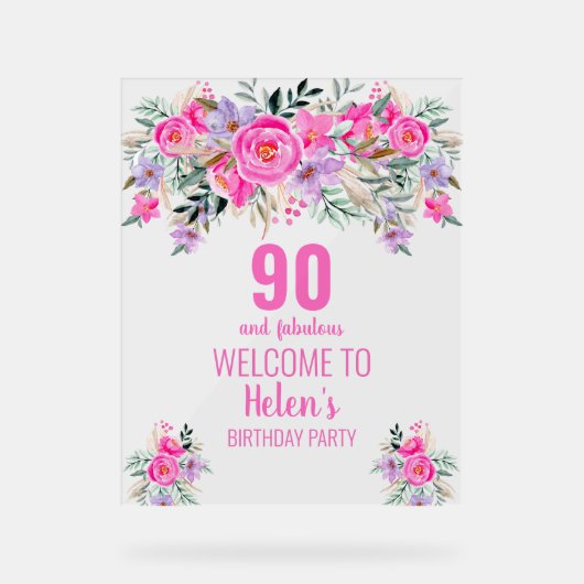 90と素晴らしいピンクのエレガントな誕生日パーティー アクリルサイン (正面)
