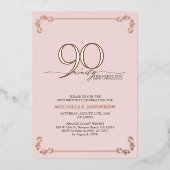 90と素晴らしいピンクローズ金ゴールド書道誕生日 箔招待状 (正面)