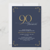 90と素晴らしいブルー&金ゴールド書道誕生日 招待状 (正面)