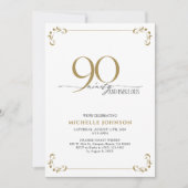 90と素晴らしい白黒と金ゴールド誕生日 招待状 (正面)