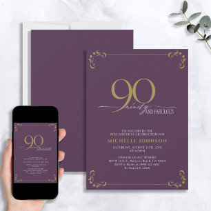 90と素晴らしい紫と金ゴールド書道誕生日 招待状