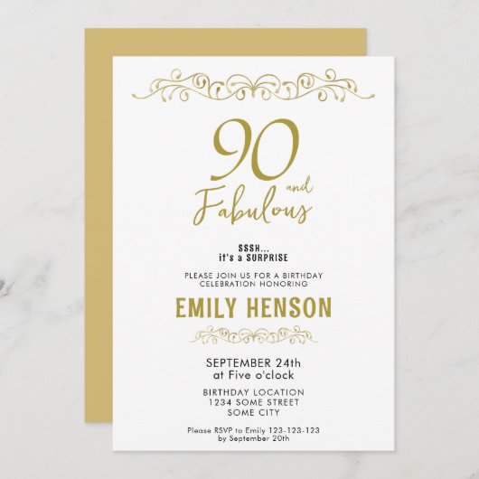90と素晴らしい金ゴールドオーナメント90誕生日 招待状 (正面/裏面)