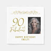 90と素晴らしい金ゴールドオーナメント90th誕生日写真 スタンダードカクテルナプキン (正面)