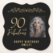 90と素晴らしい金ゴールドオーナメント90th誕生日写真 ペーパーコースター (正面)
