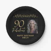 90と素晴らしい金ゴールドオーナメント90th誕生日写真 ペーパープレート (正面)