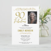 90と素晴らしい金ゴールドオーナメント90th誕生日写真 招待状 (スタンド正面)