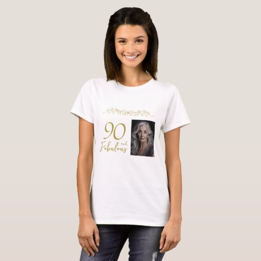 90と素晴らしい金ゴールドオーナメント90th誕生日写真 tシャツ (正面フル)