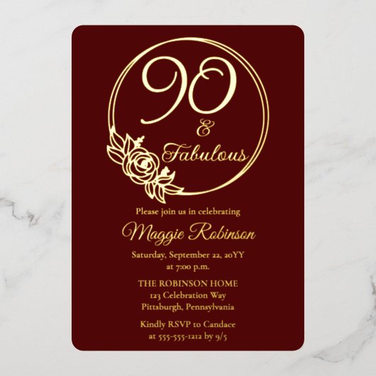 90と素晴らしい90th誕生日パーティーがスタンプ 箔招待状 (正面)
