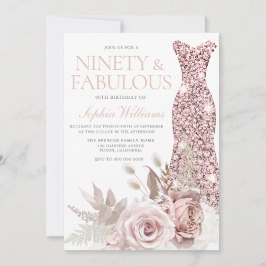 90と素晴らしい！赤面ガウンフローラ90誕生日 招待状 (正面)