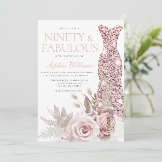90と素晴らしい!赤面ガウンフローラ90誕生日 招待状 (スタンド正面)