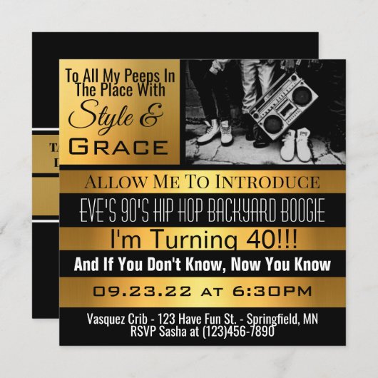 90のパーソナライズされたヒップホップ誕生会の招待状 招待状 (正面/裏面)
