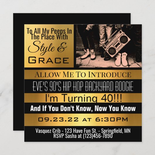 90のパーソナライズされたヒップホップ誕生会招待状 招待状 (正面/裏面)