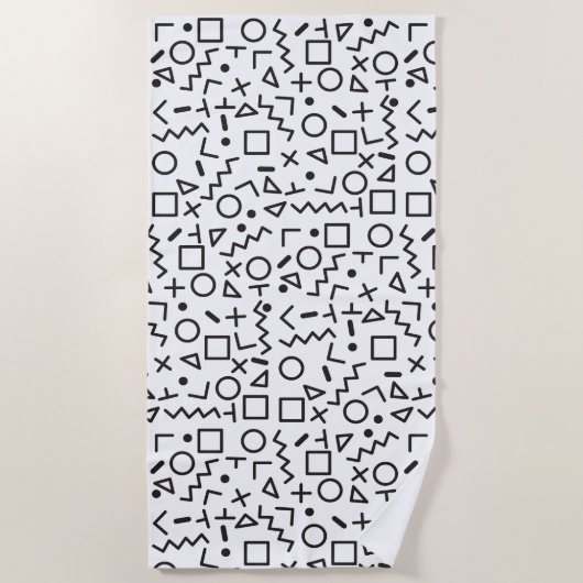 90の白黒レトロ図形パターン ビーチタオル (正面)