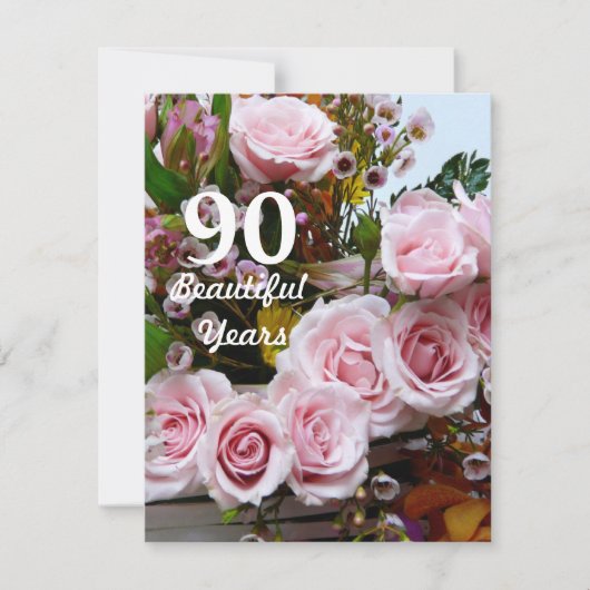 90の美しい年! -誕生会かピンクのバラ 招待状 (正面)