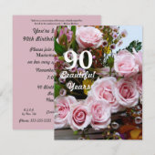 90の美しい年! -誕生会かピンクのバラ 招待状 (正面/裏面)