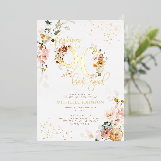 90の見栄えを良くするピンクのフローラ金ゴールド 箔招待状 (立ち正面)