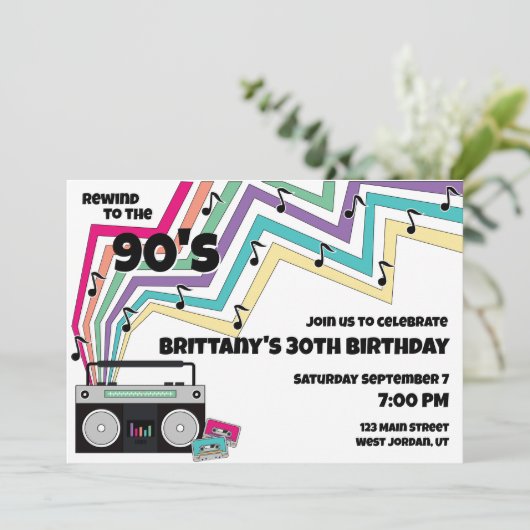 90の音楽をテーマにした誕生日パーティーへの招待 招待状 (スタンド正面)