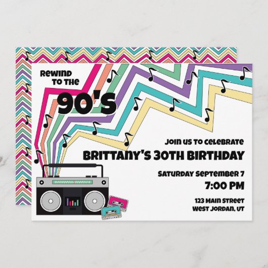 90の音楽をテーマにした誕生日パーティーへの招待 招待状 (正面/裏面)