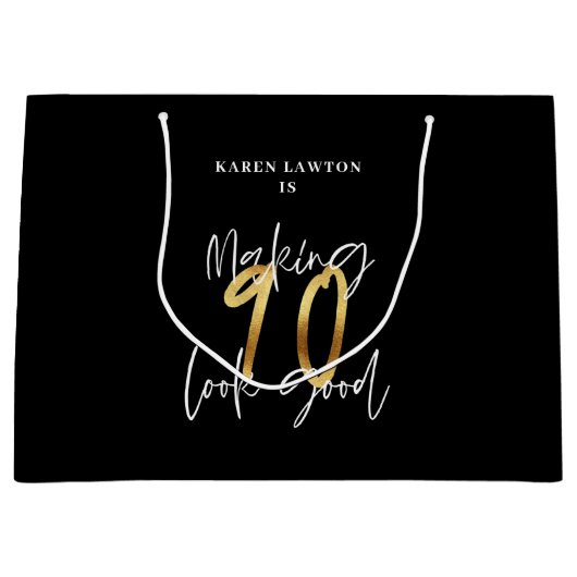 90を素敵な誕生日に見せる金ゴールド ラージペーパーバッグ (正面)