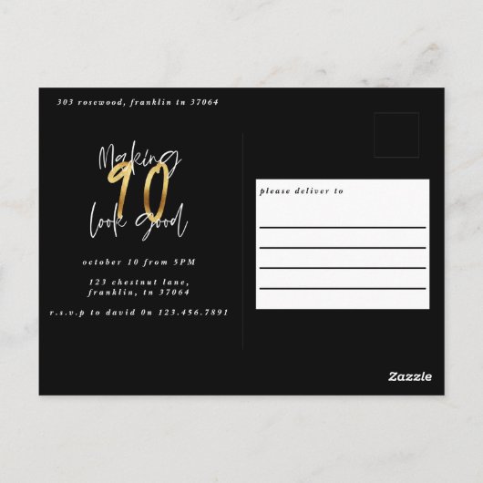 90を良い金ゴールドと黒モダンい誕生日にする ポストカード (裏面)