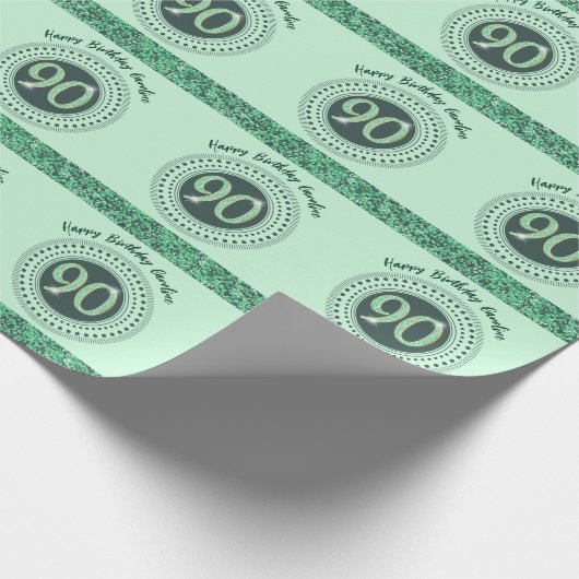 90エレガント番目の誕生日グリーングリッターとストライプ ラッピングペーパー (角)