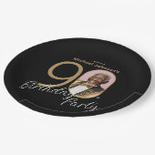 90エレガント誕生日ブラック金ゴールドカスタム写真 ペーパープレート (アングル)
