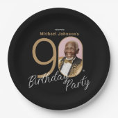 90エレガント誕生日ブラック金ゴールドカスタム写真 ペーパープレート (正面)