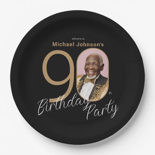 90エレガント誕生日ブラック金ゴールドカスタム写真 ペーパープレート (正面)