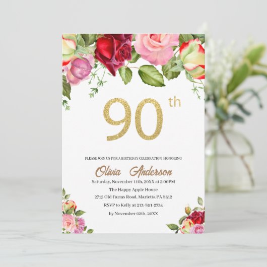 90エレガント誕生祝い水彩グリット 招待状 (スタンド正面)