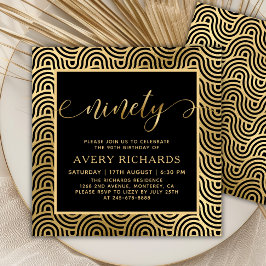 90エレガント金ゴールドスクリプトブラック90誕生日 招待状