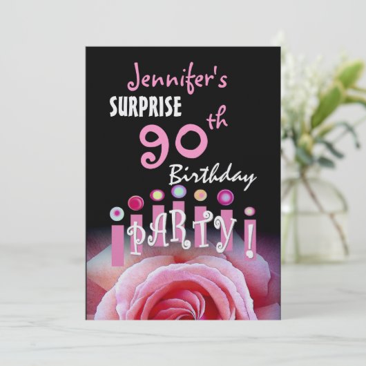 90カスタム歳のサプライズ誕生パーティー金属 招待状 (スタンド正面)
