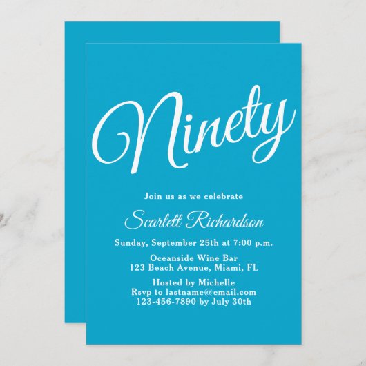 90スクリプモダントアクアブルー90th誕生日パーティー 招待状 (正面/裏面)
