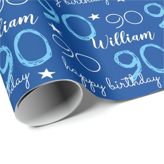 90ハッピーバースデー青パーソナライズされた ラッピングペーパー (ロールコーナー)