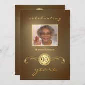 90バースデーパーティ招待状-アンティーク金ゴールド 招待状 (正面/裏面)