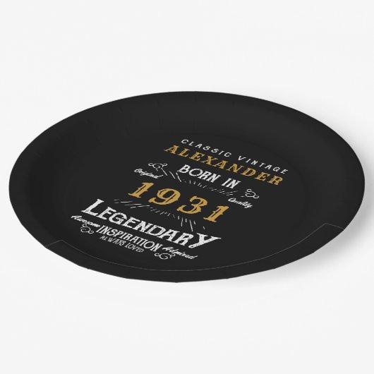 90パーソナライズされた誕生日1931生まれヴィンテージ黒 ペーパープレート (アングル)